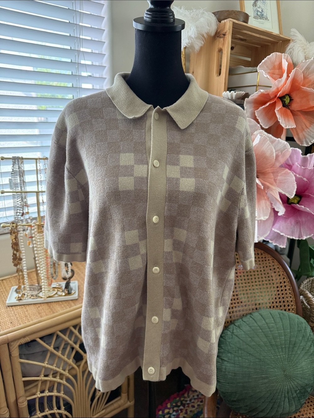 Madewell Men’s Wet Sand Checkered Plaid Cotton Knit Button Up Polo Sweater Top